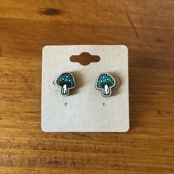 Hand Painted Green Mushroom Stud Earrings Hypoallergenic Lightweight Posts - Picture 1 of 4